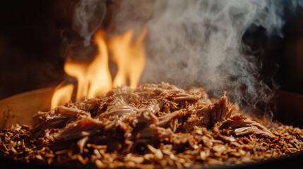 Pulled pork smoking over wood chips in a backyard smoker, with flames flickering and seasoned rub visible on the crust 