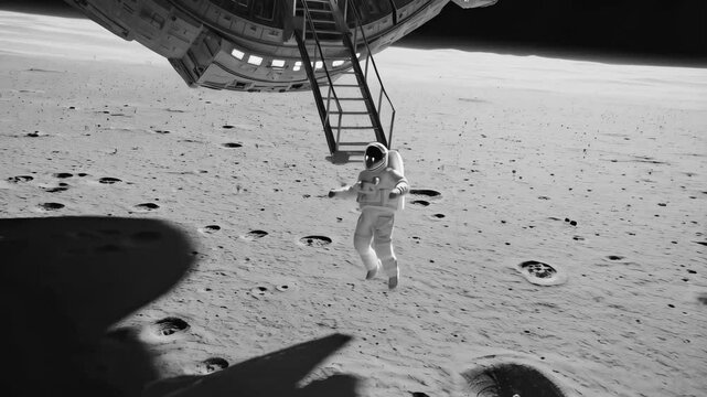 Professional astronaut losing balance while descending spaceship ladder during lunar mission, tumbling across monochrome lunar landscape with low gravity challenge