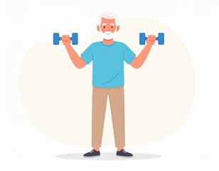 Old man lifting dumbbells in a cartoon hospital scene with medical and business characters