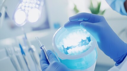 A dental hygienist performing a teeth whitening procedure in a bright dental office, with whitening products and dental tools visible, Refreshing style