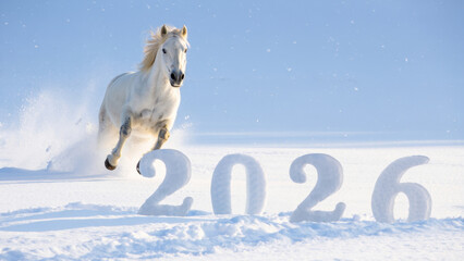 White horse galloping through snow with 2026 ice sculpture in winter landscape