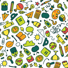 Back to school seamless pattern. Good for textile fabric design, wrapping paper and website wallpapers. School and stationery. Modern vibrant colors. Vector illustration.