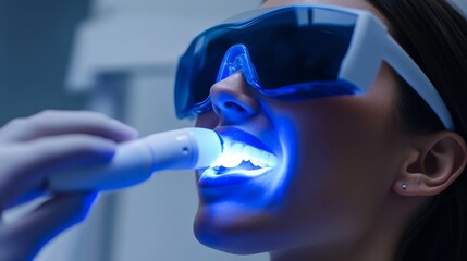 A dental hygienist performing a teeth whitening procedure in a modern dental clinic, with whitening tools and dental equipment visible, Aesthetic style
