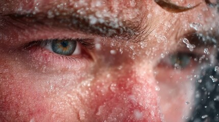 Hydration Awareness Close-up of a person's eye behind droplets of water, conveying emotion and intensity.
