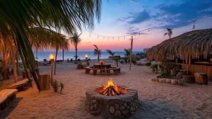 Naklejka premium Cozy fire pit area at beach resort with seating arrangement and tiki torches at dusk