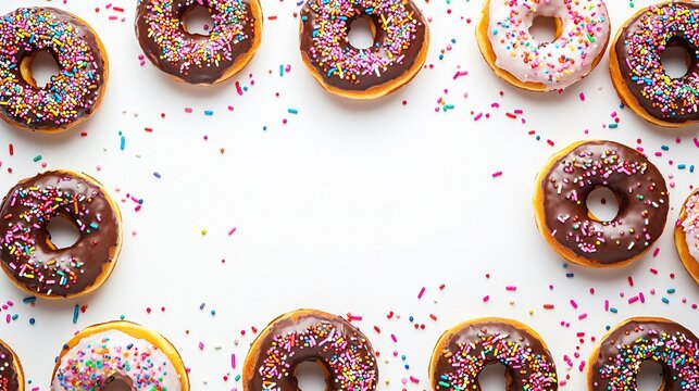 A flatlay image shows chocolate and pink frosted donuts with sprinkles arranged in a border around a white background.  The sprinkles are scattered both inside and outside the donut frame