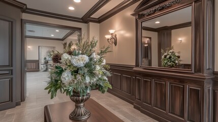 Elegant lobby space with floral centerpiece, wood paneling, and decorative mirror wall
