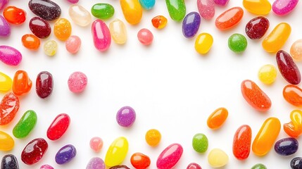 Vibrant jellybeans form a colorful border around a white background, showcasing a variety of shapes, sizes, and hues.  The candies are glossy and appear sweet and delicious