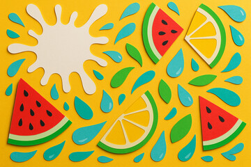 Colorful Paper Cutout Summer Fruits and Splash on Yellow Background