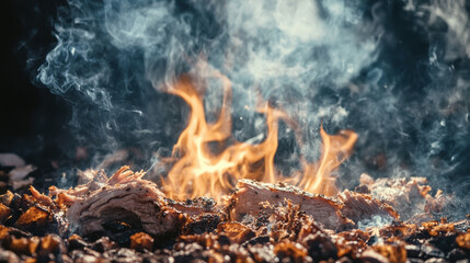 Pulled pork smoking over wood chips in a backyard smoker, with flames flickering and seasoned rub visible on the crust 
