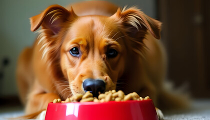 No appetite, but I won't give it to anyone: A large, fluffy, red dog lies at a dog food trough and looks at the camera with a sad look