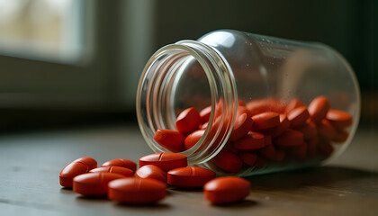 What diseases is this medicine for: An open glass bottle without any markings, with large red tablets spilling out of it