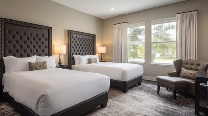 Hotel suite with double queen beds, elegant headboards, and mood lighting