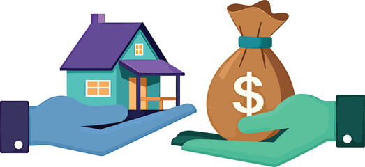 Buying a house concept illustration with money bag and home in hands for real estate investment