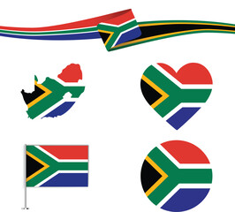 Print South Africa map with ribbon and three flag styles – heart, circle, and flat icons – creative vector design for presentations, prints, and educational use