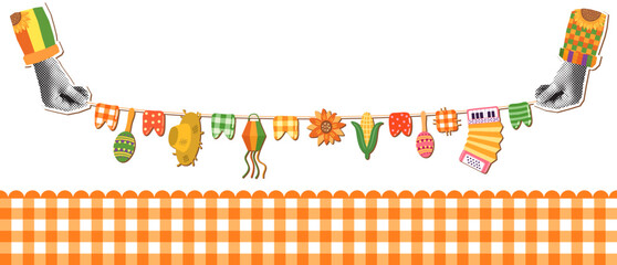 Festa Junina Vector Bunting Halftone Collage Style Brazilian Festival Banner with Festive Graphics - Straw Hat, Corn, Sunflower, Accordion