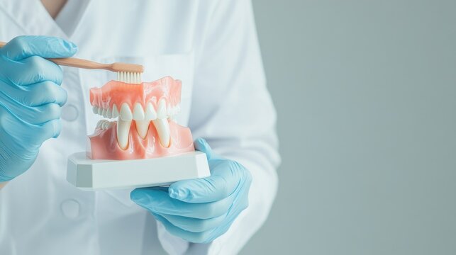 A dentist demonstrating proper brushing techniques to a patient using a model tooth in a dental clinic against a clean, white background, macro shot