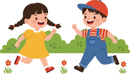 Children running happily outdoors with girl in yellow dress and boy in red cap playing in garden vector illustration 
