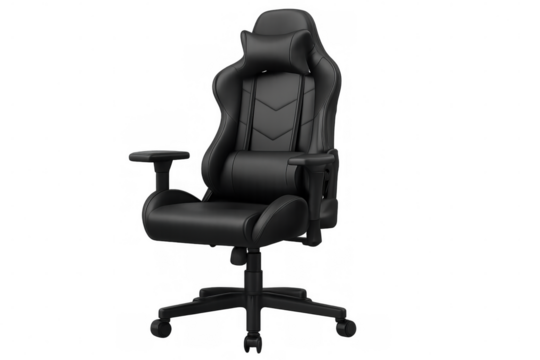 Comfortable black gaming chair isolated on transparent background, perfect for enhancing gaming setups and providing ergonomic support