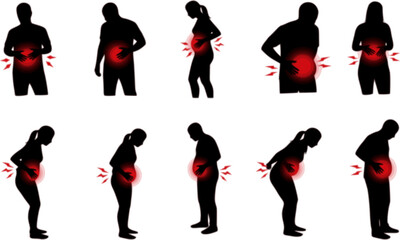 vector set of Bloating icons set. People experiencing digestive problems, discomfort, and symptoms related to stomach and gut health
