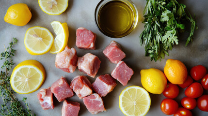 Raw pork cubes prepared for kebabs, skewered and displayed beside vegetables, lemon slices, and marinating oil 