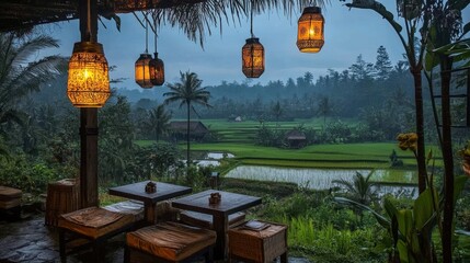 Open-air seating at tourist accommodation with view of rice paddies and hanging lanterns