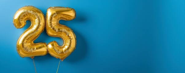 Golden 25th Birthday Balloon on Blue with Copy Space