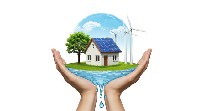 Eco friendly home with solar panels and wind turbines in hands on transparent background