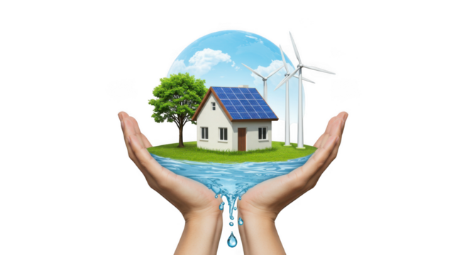 Eco friendly home with solar panels and wind turbines in hands on transparent background