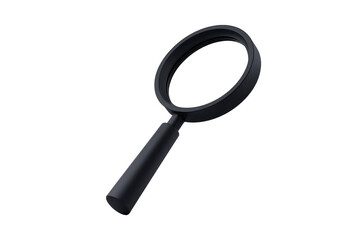 Black magnifying glass with simple design is shown transparency background, emphasizing its sleek and minimalist style. magnifying glass is angled slightly, highlighting its circular lens
