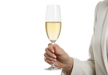 Elegant champagne glass held by woman in white suit celebration toast on transparent background