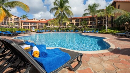 Poolside area of beach resort with towels on recliners, palm reflections in water