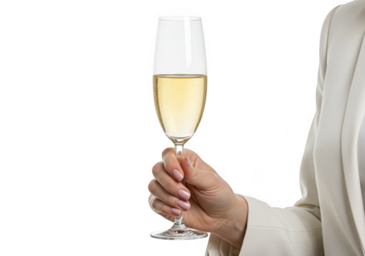 Elegant champagne glass held by woman in white suit celebration toast on transparent background