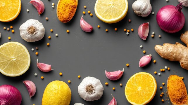 Assorted fresh citrus fruits garlic ginger and pink onion on dark background with lemon slices and scattered spices