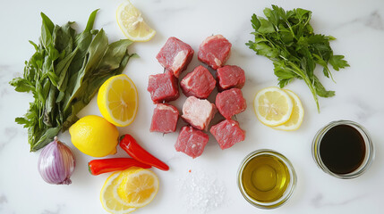 Raw pork cubes prepared for kebabs, skewered and displayed beside vegetables, lemon slices, and marinating oil