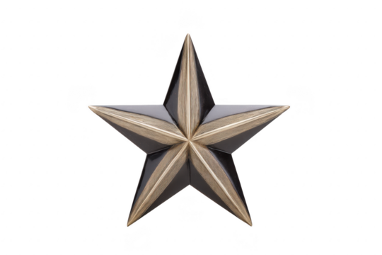 Metallic five pointed star with shiny, reflective surface and three dimensional design, creating striking visual effect. star elegant appearance makes it suitable for decoration
