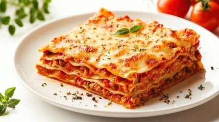 A delectable serving of lasagna, layered with pasta, rich meat sauce, and melted cheese, garnished with fresh basil and herbs, sits on a white plate against a 