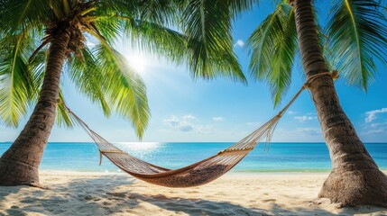 Fototapeta premium Shaded hammock at beach resort swaying gently between two palm trees by shore