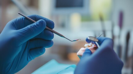 A dentist examining a patient's teeth in a modern dental clinic, with dental instruments and a chair in the background, macro shot