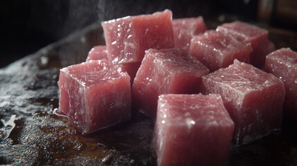 Raw pork cubes ready for kebabs, captured in close-up with surface moisture and visible muscle detail