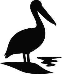 Silhouette pelican stands near water vector illustration