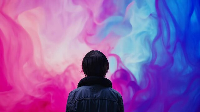 Seeking Color Serenity: A contemplative silhouette against a dynamic backdrop of swirling, vibrant colors &ndash; a visual exploration of inner thoughts and the pursuit of tranquility.