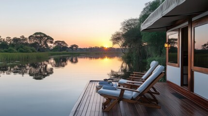 Fototapeta premium Tourist houseboat accommodation with deck chairs, sunset reflections, and gentle ripples