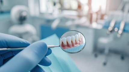A dentist examining a patient's teeth with a dental mirror in a modern dental clinic, with dental chair and equipment in the background, macro shot