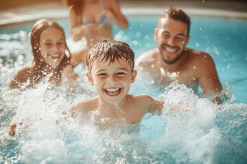 Family enjoying a fun day at the pool with a happy child splashing water in summer sunshine