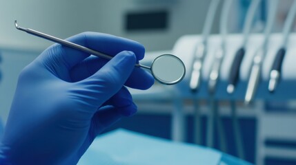 A dentist examining a patient's teeth with a dental mirror in a modern dental clinic, with dental chair and equipment in the background, macro shot