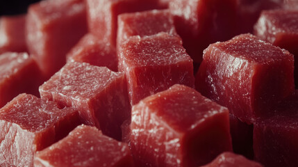 Raw pork cubes ready for kebabs, captured in close-up with surface moisture and visible muscle detail 
