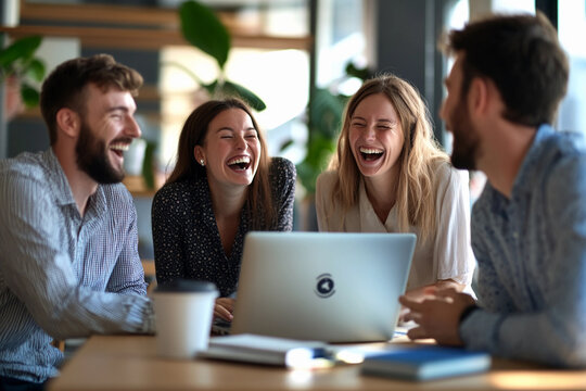 Laughter and collaboration among colleagues in a modern office setting during a team meeting