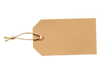 Isolated blank tag with string for price or gift card, tan color on transparent background