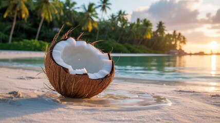 Coconut on beach at sunset tropical island paradise travel destination summer vacation getaway